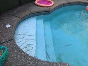 Above-ground swimming pool with light blue water, white pool steps, surrounding concrete deck, and pink floatie visible at top edge