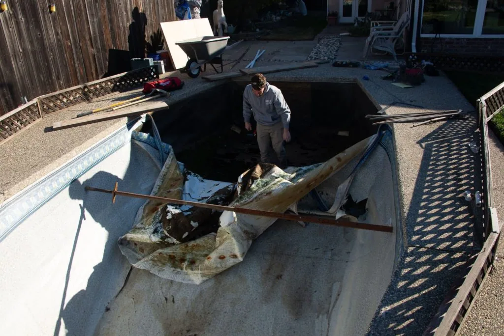Worker standing in empty concrete pool with large fish and metal pole during renovation