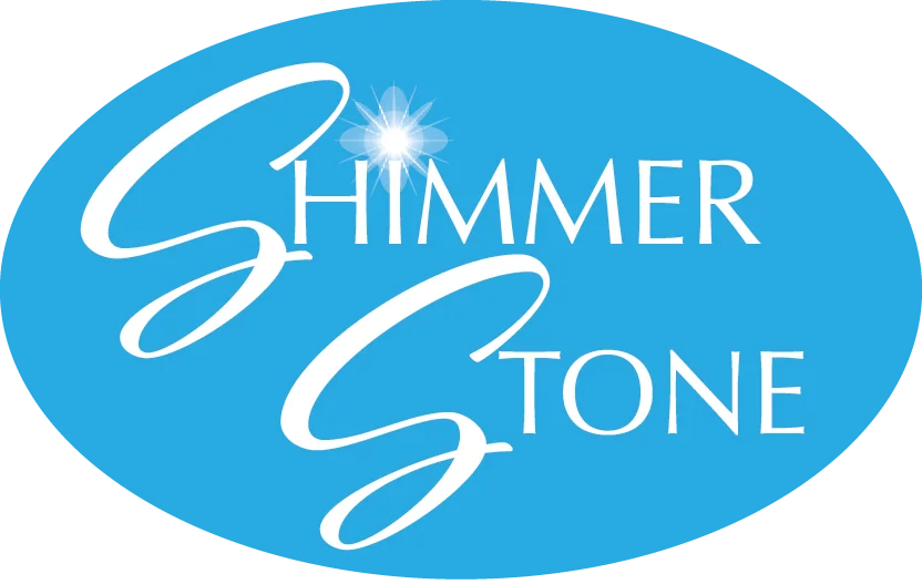 Shimmer Stone logo with blue oval background and white stylized text