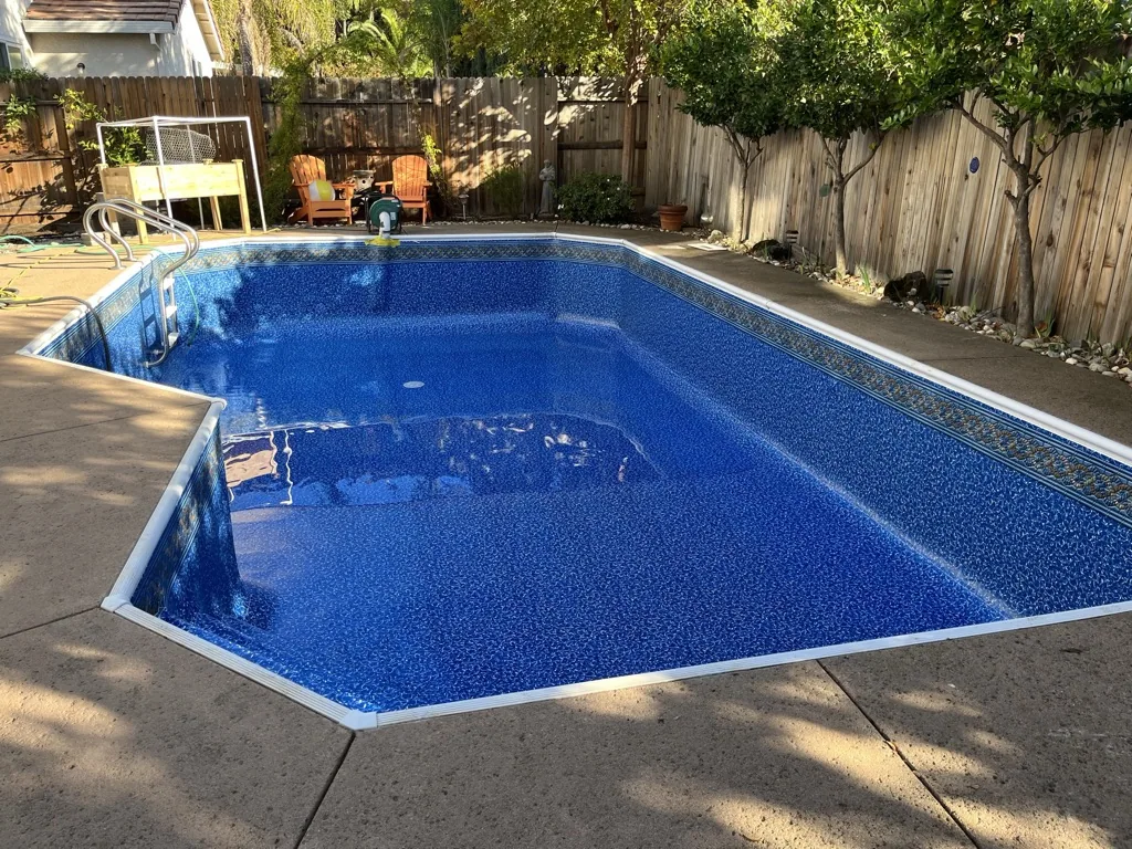 Empty in-ground swimming pool with blue interior and white coping, surrounded by wooden fence and concrete deck in residential backyard