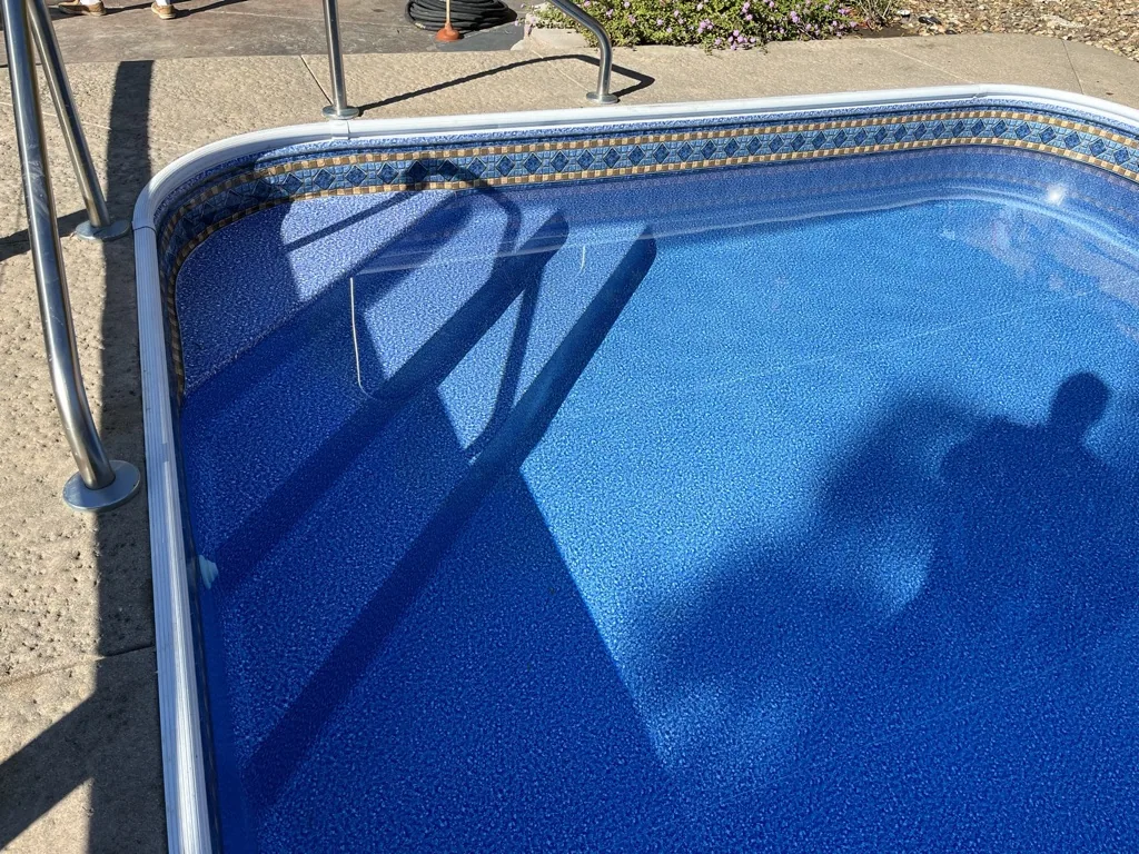 Empty above-ground swimming pool with blue interior and decorative border trim, showing ladder and deck surroundings