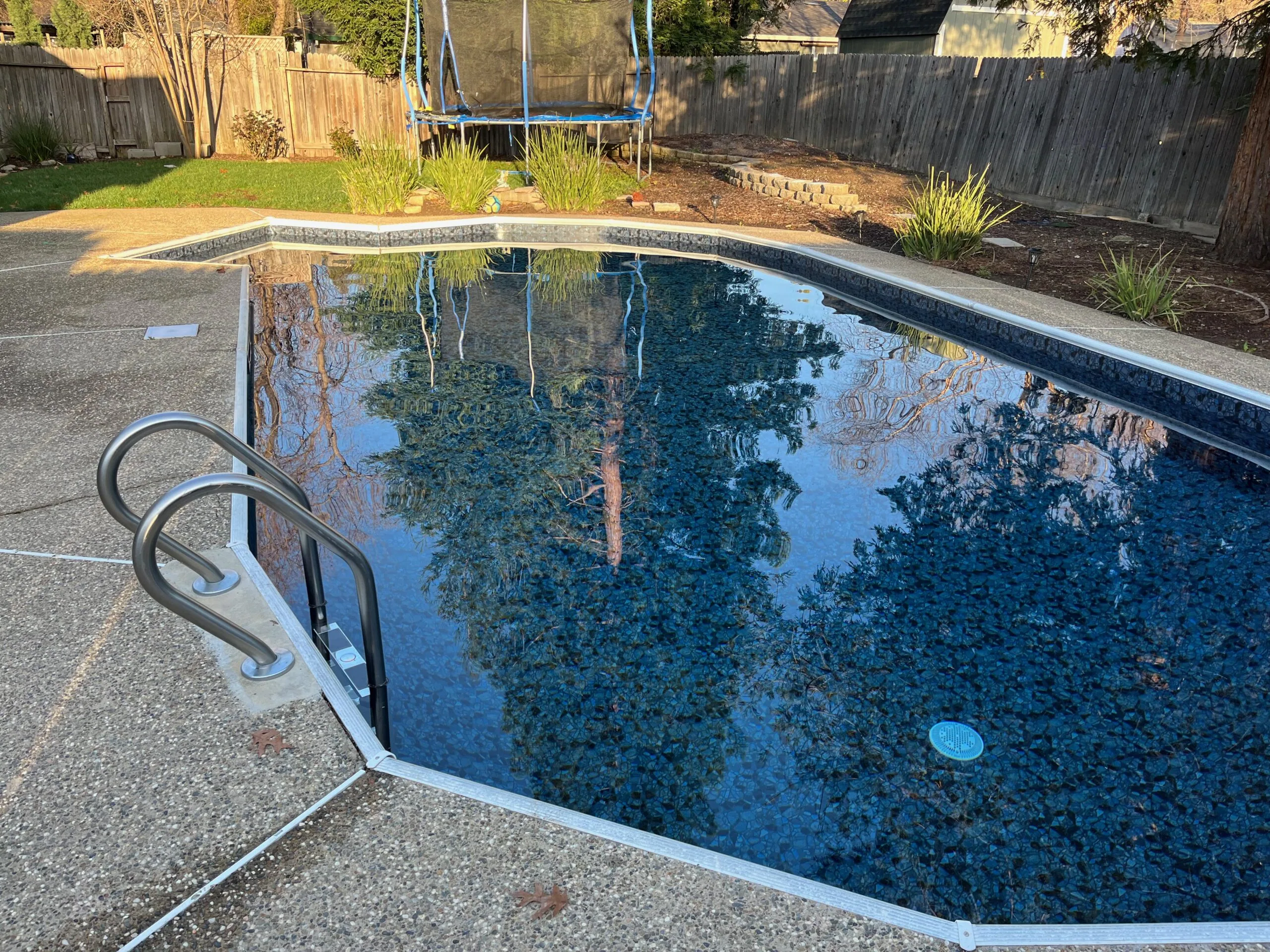 Residential swimming pool with blue water, metal ladder, concrete deck, wooden fence, and trampoline in background yard