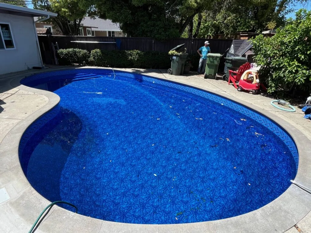 Residential backyard swimming pool with blue interior and concrete deck surrounded by fencing and landscaping.