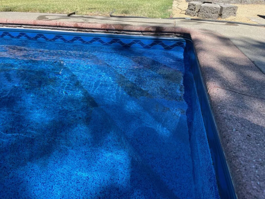 Blue-lined in-ground swimming pool with dark water next to concrete deck and grass lawn