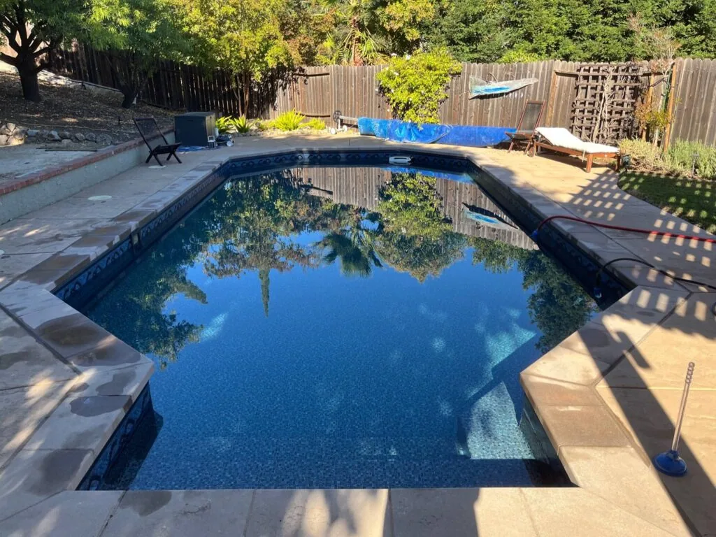 Rectangular swimming pool with blue water surrounded by concrete deck, wooden fence, and mature trees in a residential backyard