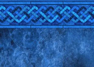 Blue mosaic tile border with geometric wave pattern above textured pool wall