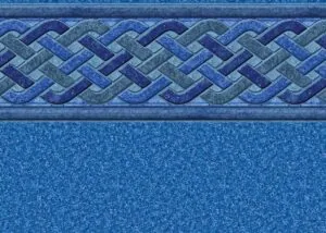 Blue decorative tile border with interlocking pattern above textured granite pool surface