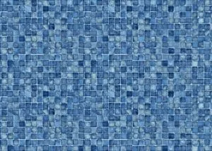 Close-up of blue mosaic tiles in varying shades arranged in a grid pattern