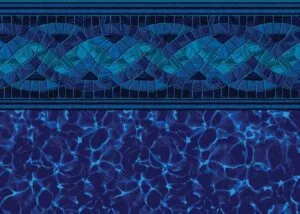 Swimming pool border design with geometric blue mosaic tile pattern above rippling water texture