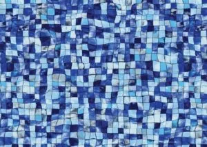 Blue and white mosaic tiles with light reflections creating a water-like rippled pattern