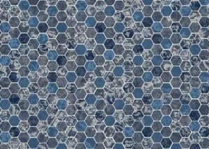 Blue hexagonal mosaic tiles with decorative patterns and varying shades arranged in honeycomb pattern