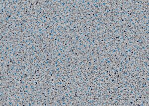 Speckled surface with gray, blue, and black aggregate fragments on light background