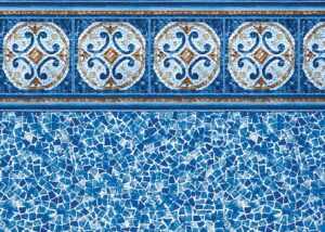 Blue tile pool liner with decorative border featuring white and tan ornamental circular medallions