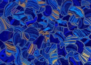 Abstract digital art with overlapping curved shapes in shades of blue and gold with textured borders