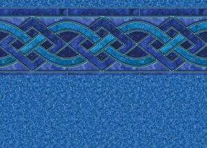 Decorative blue and teal interlocking geometric border pattern over textured blue granite surface