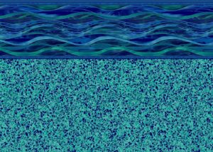 Abstract digital illustration of layered wavy lines in blue and teal tones above a textured terrazzo pattern