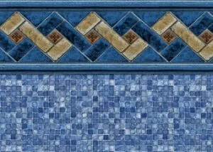 Blue mosaic tile pool surface with decorative tan and brown geometric border strip above
