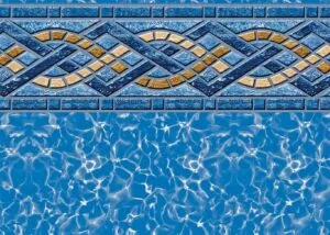 Swimming pool water with blue mosaic tile border and geometric diamond pattern trim in gold and navy