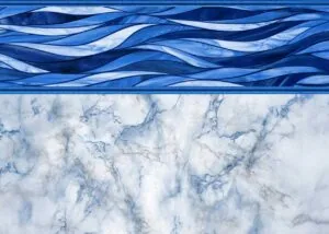 Blue wavy striped pattern above white marble texture with blue veining