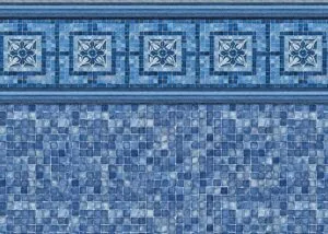 Blue mosaic tile surface with decorative border featuring five star-patterned tiles