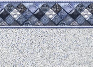 Pool liner detail showing decorative diamond-patterned border trim in blue and white tones above textured white and blue quartz surface